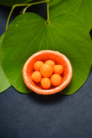 Indian festival dussehra , green leaf with rice and sweets