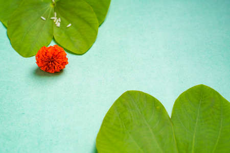 Indian festival dussehra , green leaf, rice and flowersの写真素材