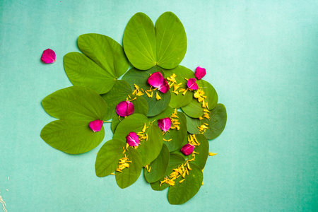 Indian festival dussehra , green leaf, rice and flowers