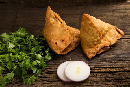 Potato samosa.spicy street food, Famous snacks in indiaの写真素材