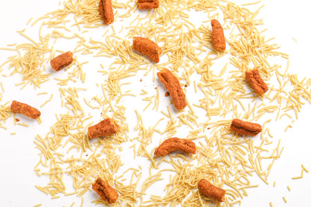 potato bhujiya or aloo bhujiya or sev namkeen and chips. mixed spicy snack