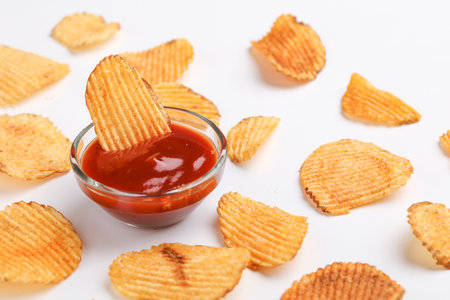 Potato chips with tomato ketchup isolated on white backgroundの写真素材