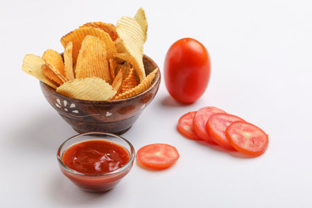 Potato chips with tomato ketchup isolated on white backgroundの写真素材