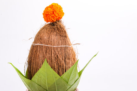 Indian festival akshaya tritiya concept : Decorative kalash with coconut and leaf with floral decorationの写真素材