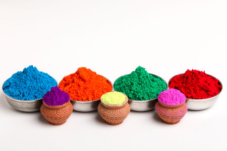 Indian festival Holi , Multi color's bowl on white backgroundの写真素材