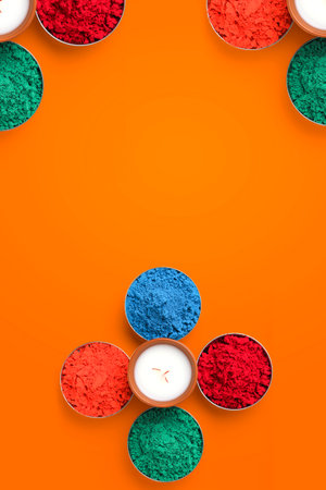 Indian festival Holi concept Multi color's bowl with colorful backgroundの写真素材