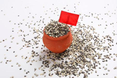 Split Black Lentil Also Know as Black Gram, Black Urad Dal, Vigna Mungo, Urad Bean on White Backgroundの写真素材