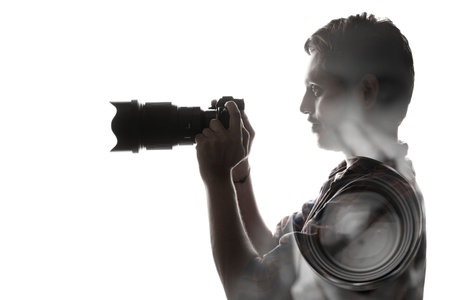 Photographer With Camera on white background.