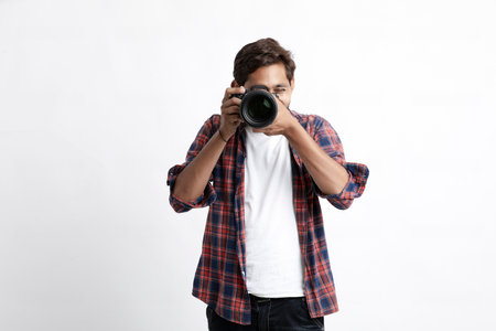 Photographer With Camera on white background.の写真素材