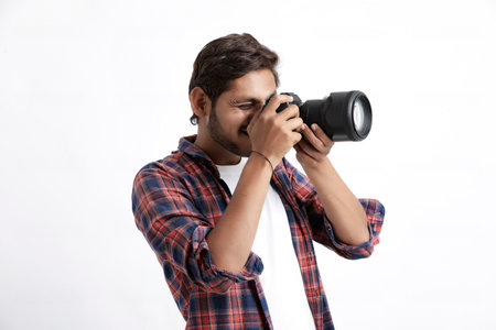Photographer With Camera on white background.の写真素材