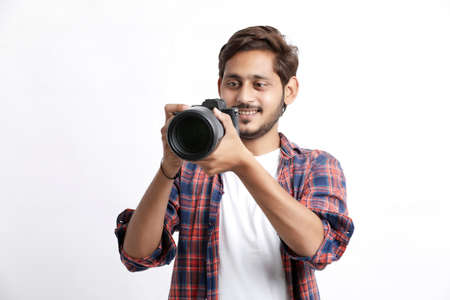 Photographer With Camera on white background.の写真素材