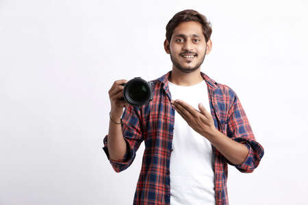 Photographer With Camera on white background.の写真素材