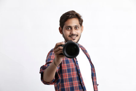 Photographer With Camera on white background.の写真素材