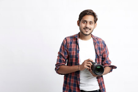 Photographer With Camera on white background.の写真素材