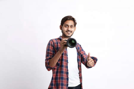 Photographer With Camera on white background.の写真素材