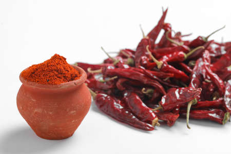 Red chilli powder with dried red chillies. in earthen bowl.の写真素材