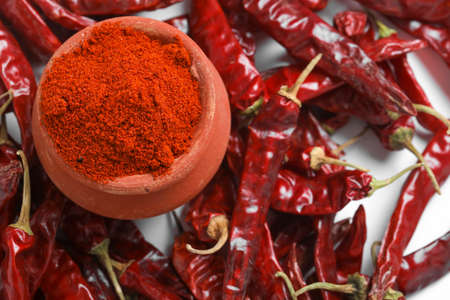Red chilli powder with dried red chillies. in earthen bowl.の写真素材