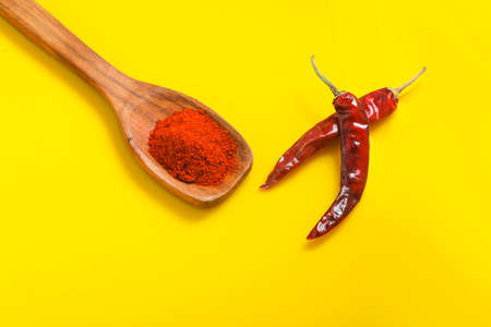 Chilli powder in wooden spoon with dry red chilly on yellow background.の写真素材