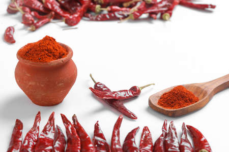 Red chilli powder with dried red chillies. in earthen bowl.の写真素材