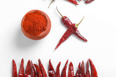 Red chilli powder with dried red chillies. in earthen bowl.の写真素材