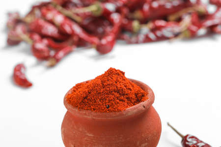 Red chilli powder with dried red chillies. in earthen bowl.の写真素材
