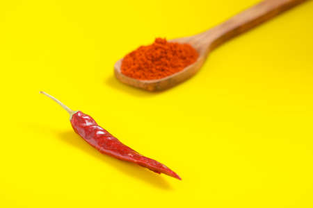 Chilli powder in wooden spoon with dry red chilly on yellow background.の写真素材