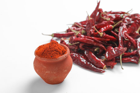 Red chilli powder with dried red chillies. in earthen bowl.の写真素材