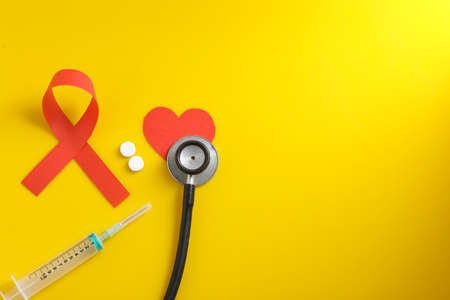 Doctor 's workplace with stethoscope, blister tabletsの写真素材