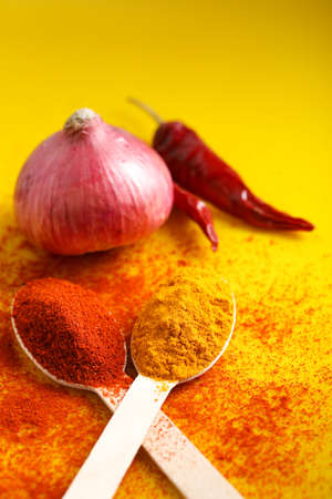 Spices ingredient Onion,Red chili powder and turmeric powderの写真素材