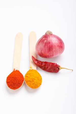 Spices ingredient Onion,Red chili powder and turmeric powderの写真素材