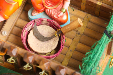 Traditional Indian wooden bull cart and indian mealの写真素材