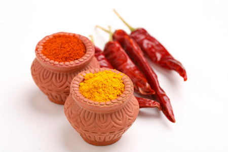 Red chili powder and turmeric powder in bowlの写真素材