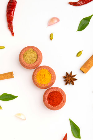 Red chilli powder,turmeric powder and coriander powder in clay bowl with other spices.の写真素材