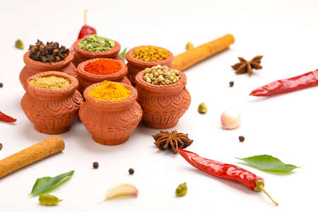 Indian spices collection, dried colorful condiment, nuts, pods and seeds and another spices in clay bowls.の写真素材