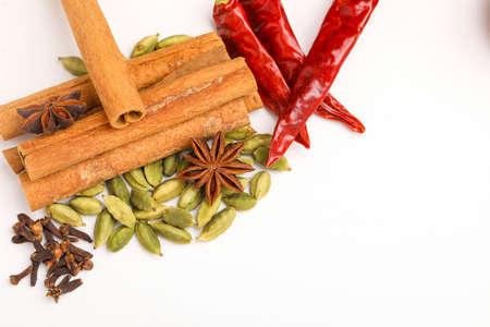 Indian spices and herbs on white background.の写真素材