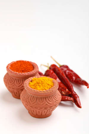 Red chili powder and turmeric powder in bowlの写真素材