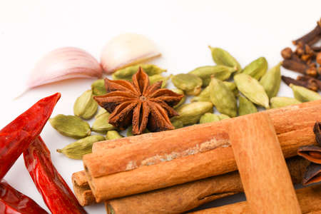 Indian spices and herbs on white background.の写真素材