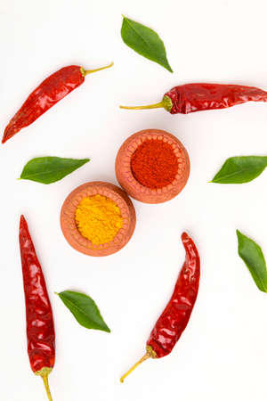 Red chili powder and turmeric powder in bowlの写真素材