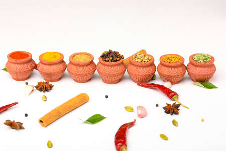 Indian spices collection, dried colorful condiment, nuts, pods and seeds and another spices in clay bowls.の写真素材