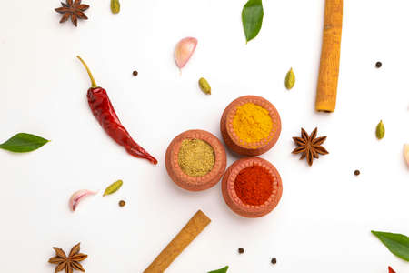 Red chilli powder,turmeric powder and coriander powder in clay bowl with other spices.の写真素材