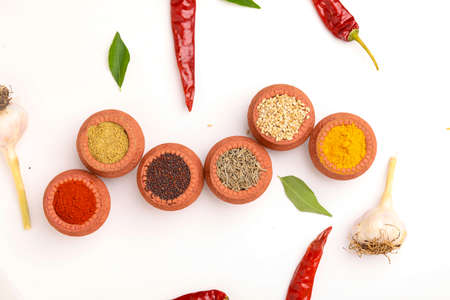 Indian spices and herbs on white background.の写真素材