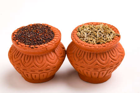 Mustard seed and cumin seeds in clay bowl.の写真素材