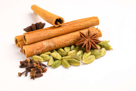 Indian spices and herbs on white background.の写真素材