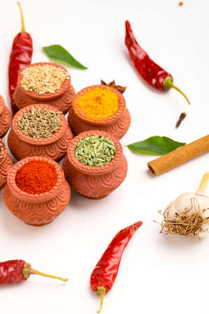 Indian spices collection, dried colorful condiment, nuts, pods and seeds and another spices in clay bowls.の写真素材