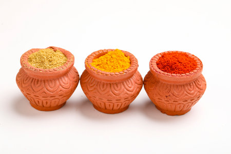 Red chilli powder,turmeric powder and coriander powder in clay bowl with other spices.の写真素材