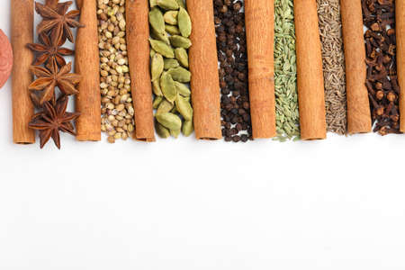 Indian spices and herbs on white background.の写真素材
