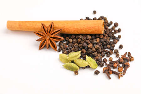 Indian spices and herbs on white background.の写真素材