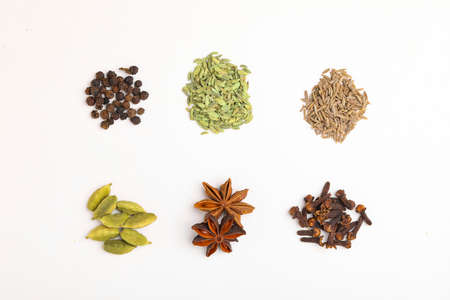 Indian spices and herbs on white background.の写真素材