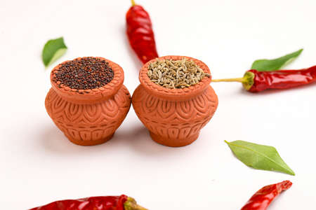 Mustard seed and cumin seeds in clay bowl.の写真素材