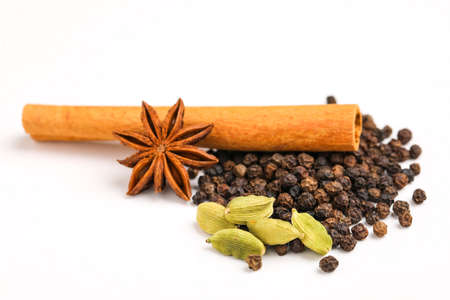 Indian spices and herbs on white background.の写真素材
